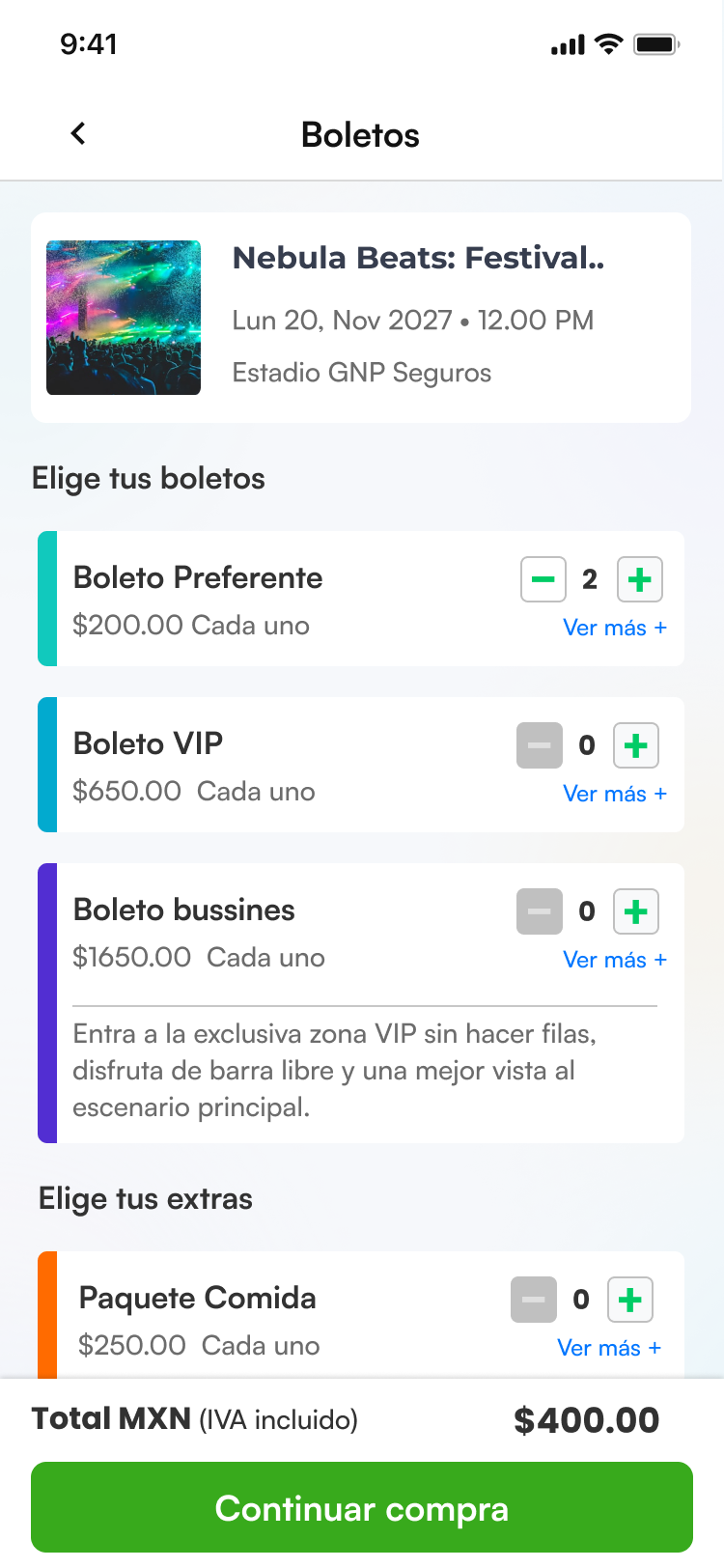 Paso 2: selección de boletos y paquetes extras
