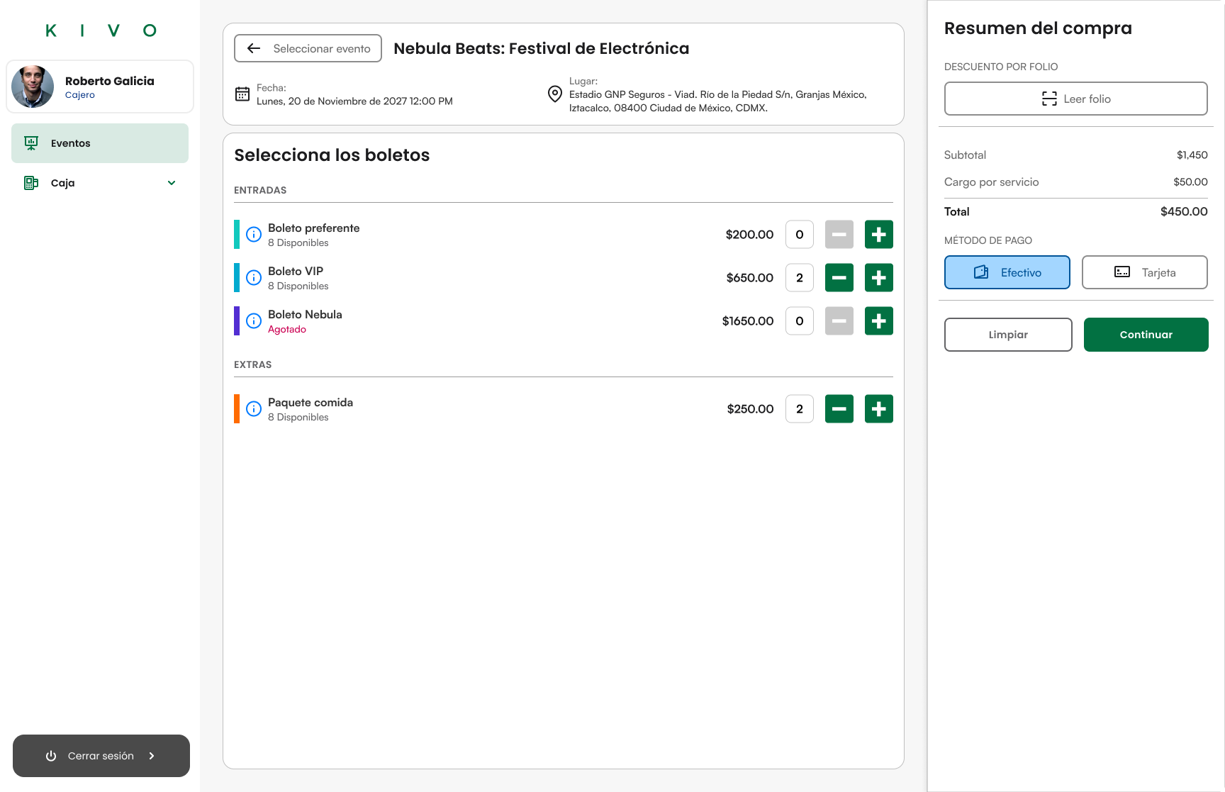 Web POS de taquilla: interfaz de venta y totales