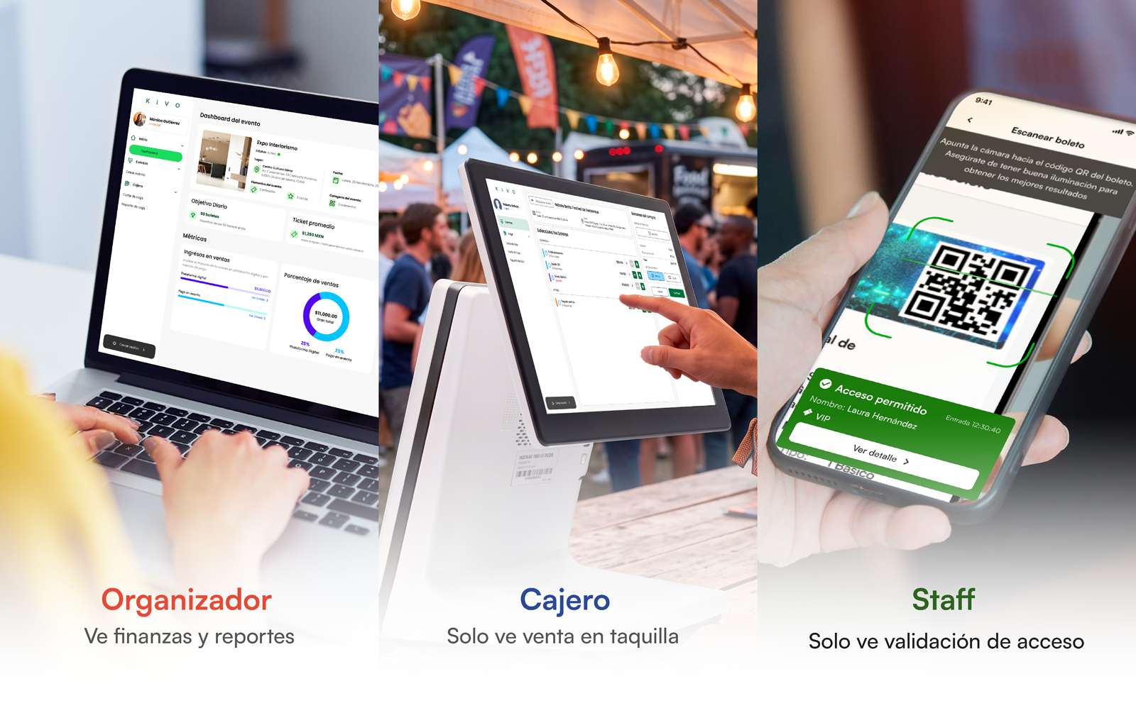 Organizador en laptop, cajero en POS de taquilla y staff validando QR en el evento