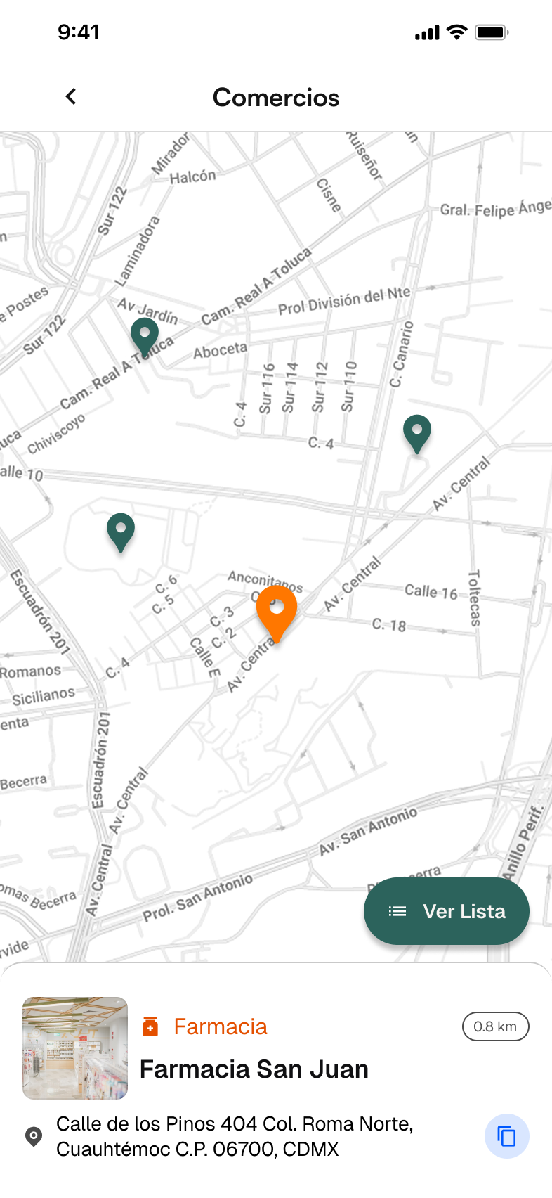 Mapa de comercios cercanos con pin activo y card del comercio seleccionado