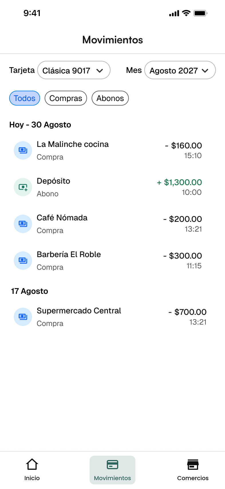 Movimientos — historial de compras y recargas