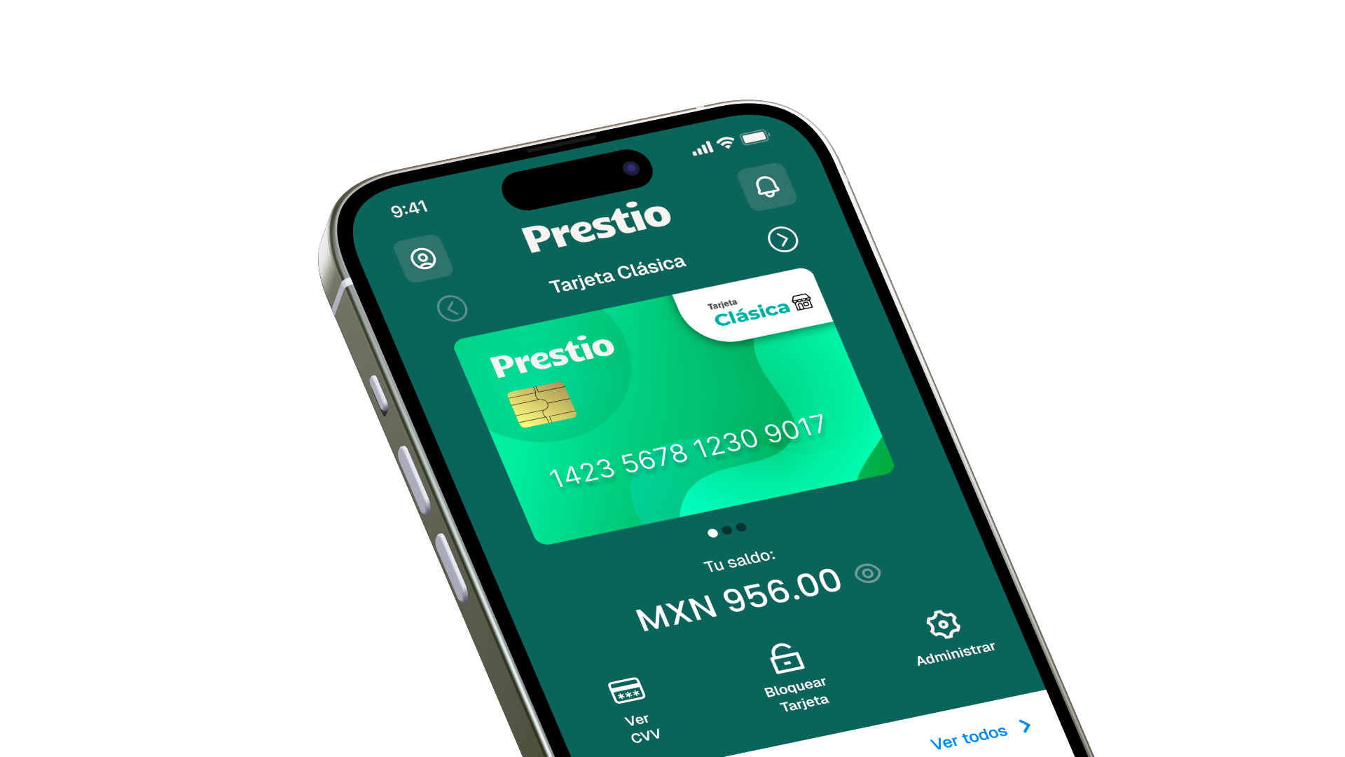 App móvil Prestio — saldo, tarjetas y accesos rápidos