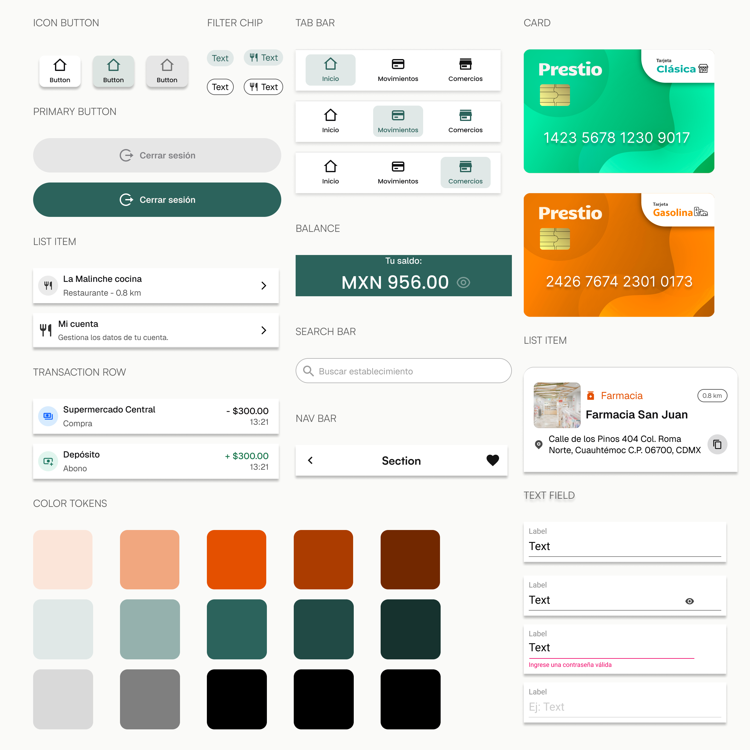 Sistema visual Prestio: botones, chips, tab bar, tarjetas, inputs y tokens de color